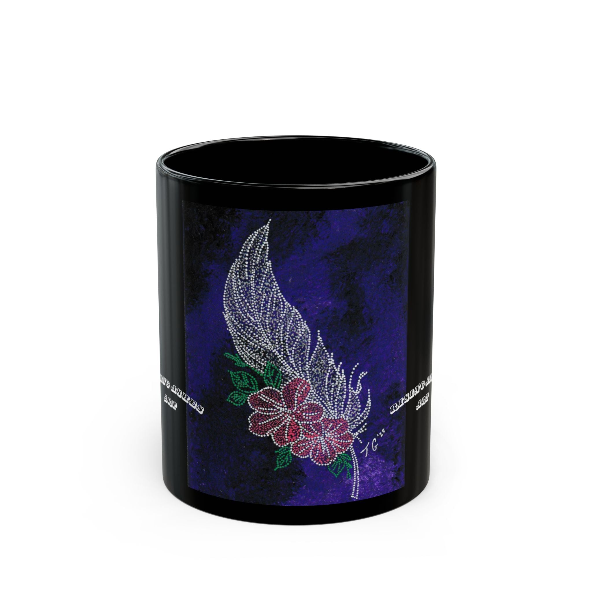 Hand Painted Acrylic Floral Feather Print Mug- Black(11oz & 15oz)
