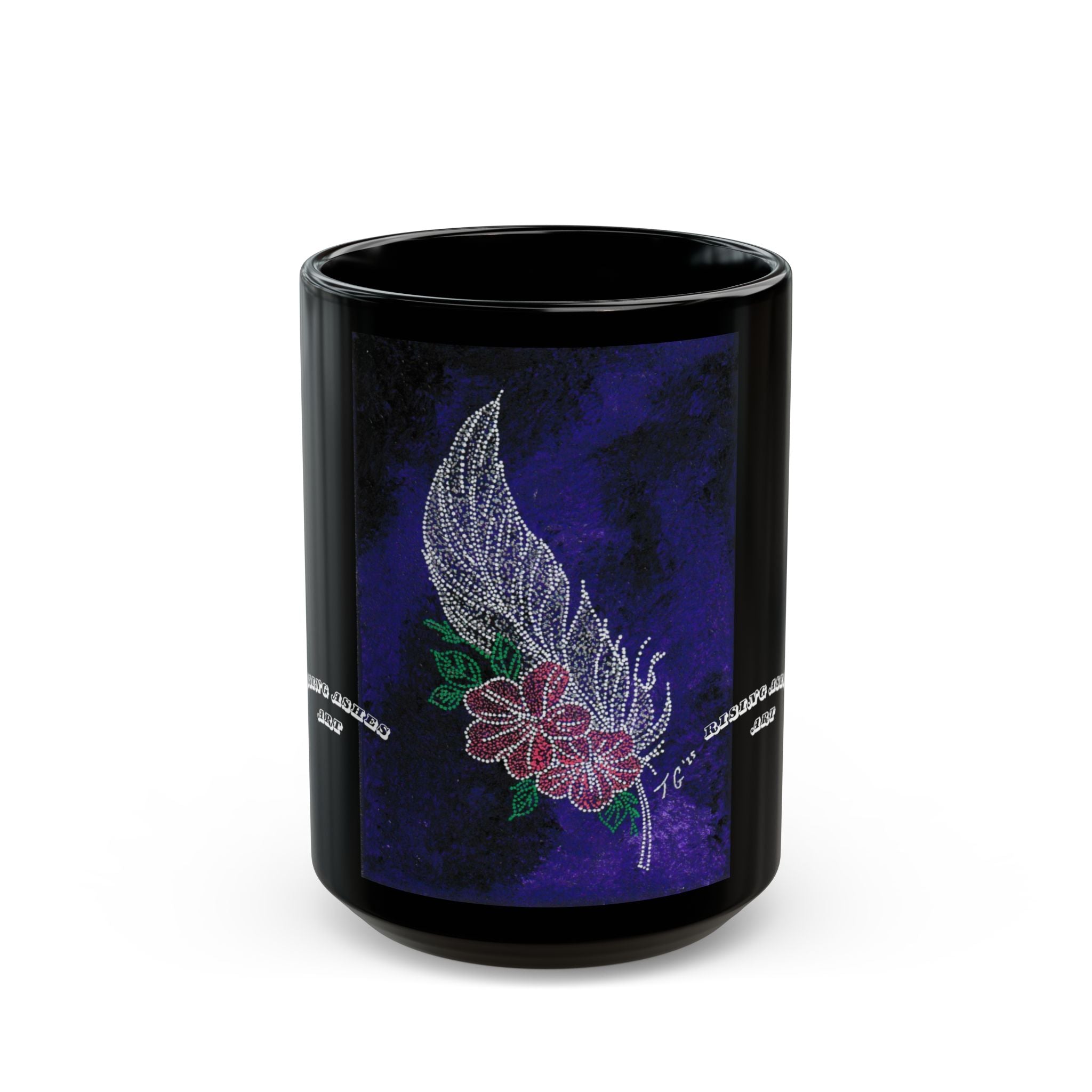 Hand Painted Acrylic Floral Feather Print Mug- Black(11oz & 15oz)