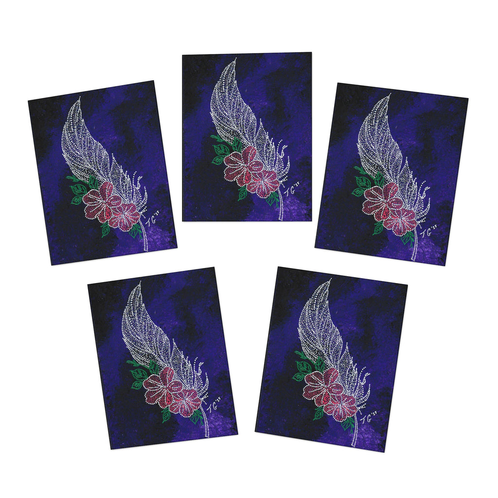 Hand Painted Acrylic Floral Feather Print Greeting Cards — (5 Pack)